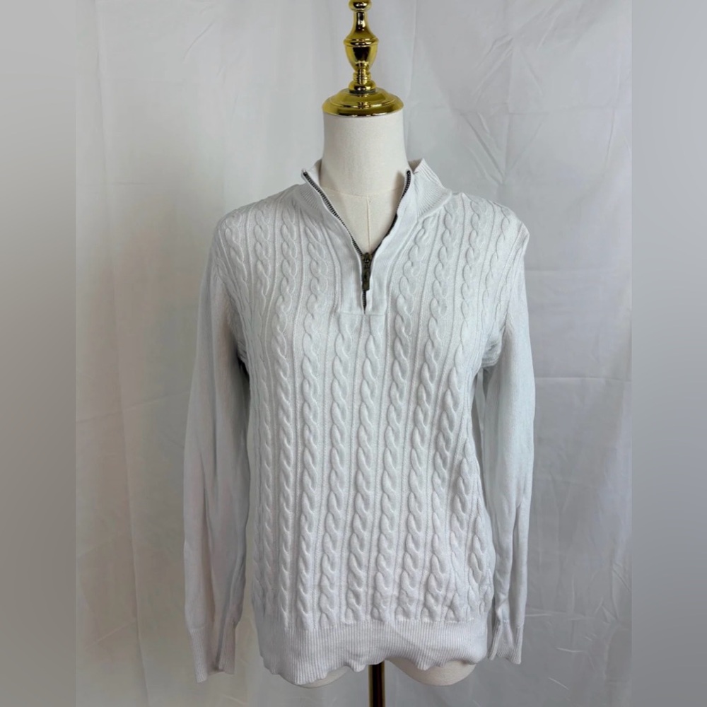 Karen Scott White Cable-Knit Quarter-Zip Sweater